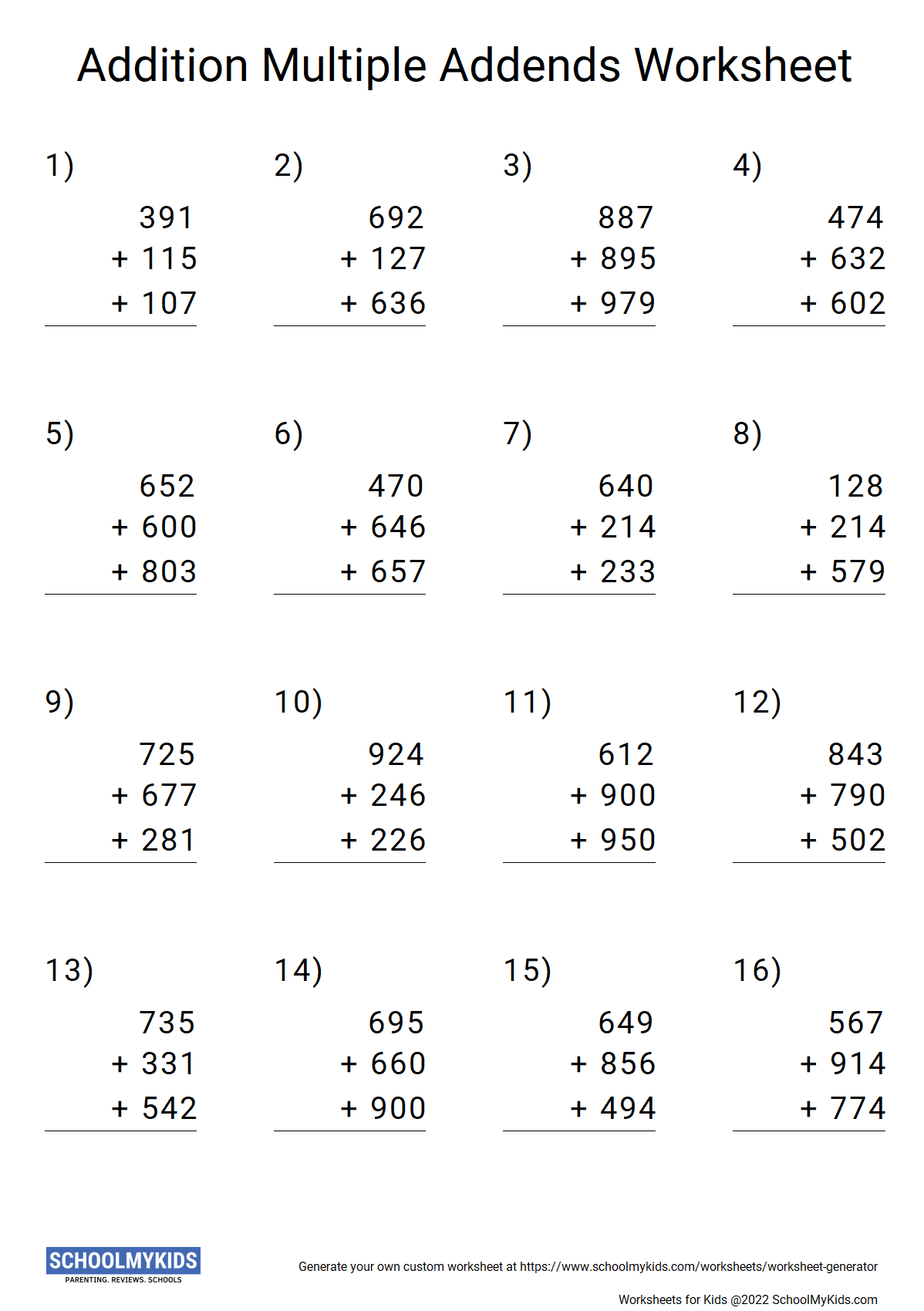 Multiple Addends Worksheet