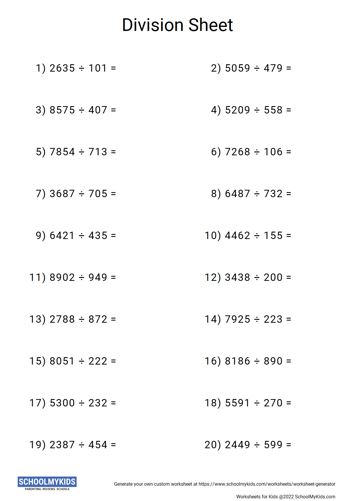 Division Worksheet Math Worksheet Creater | SchoolMyKids