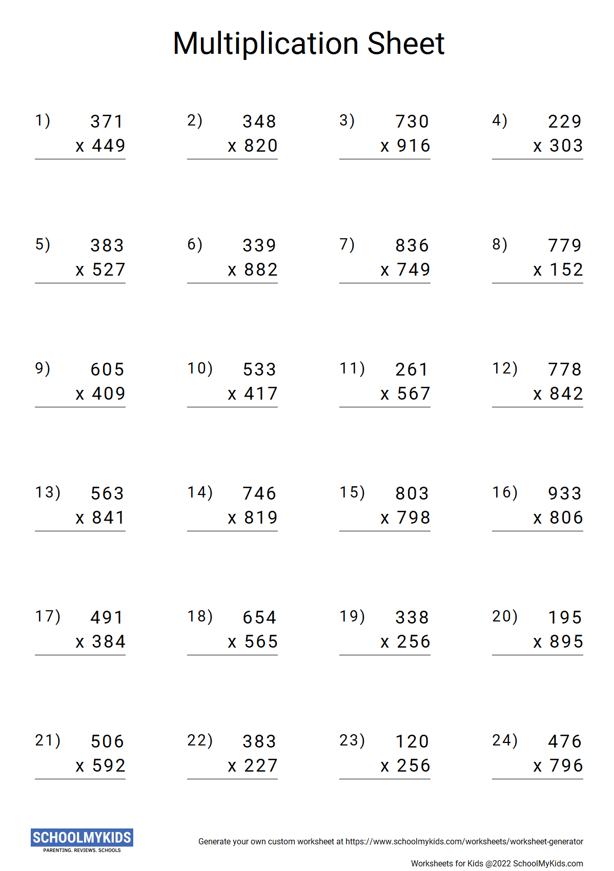 Multiplication Worksheet Generator Math Worksheet Creater SchoolMyKids