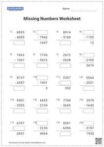 Subtraction Missing Numbers