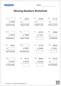 Multiplication Missing Numbers