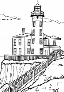 Two Story House with Chimney and Lighthouse On Cliff Coloring Page