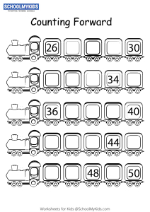 Missing Numbers Counting Forward 26 to 50 Worksheets for Kindergarten