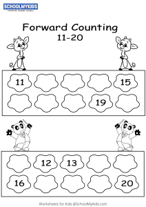Forward Counting 11 to 20 Worksheets for Kindergarten,First,Second 