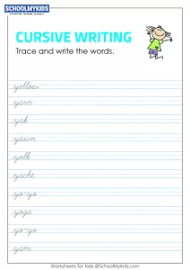 Tracing and Writing Cursive Words Y