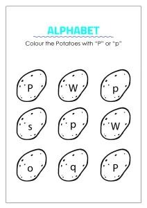 Color the Potatoes with letter P- Capital and Small Letter Identification