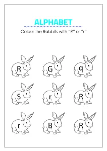 Color the Rabbits with letter R - Capital and Small Letter Identification