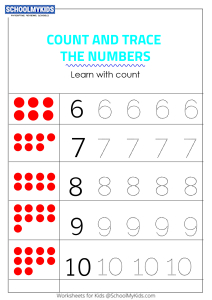 Tracing Numbers 6-10 - Count the Dots Worksheets for Preschool Grade