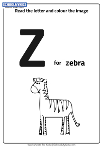Read Letter Z and Color the Zebra worksheet for Preschool,Kindergarten