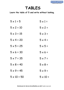 multiplication table 5 worksheets for second third grade math worksheets schoolmykids com