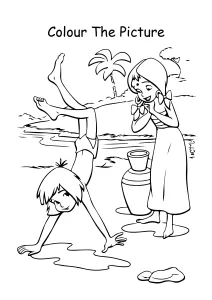 Mowgli with Radha near river Coloring Pages