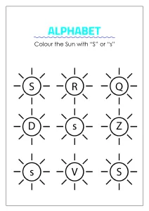 Color the Sun with letter S - Capital and Small Letter Identification