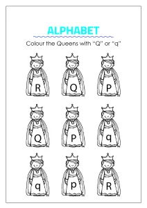 Color the Queens with letter Q- Capital and Small Letter Identification
