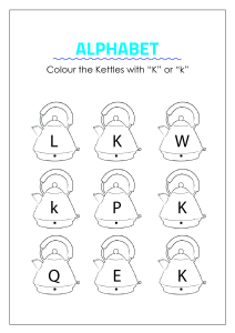 Color the Kettles with letter K - Capital and Small Letter Identification