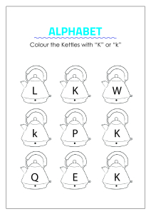 color the kettles with letter k capital and small letter identification worksheets for preschool kindergarten grade english worksheets schoolmykids com