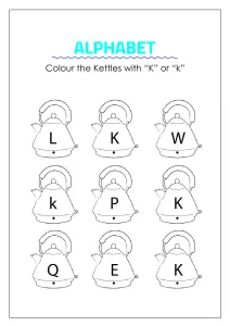 Color the Kettles with letter K - Capital and Small Letter Identification