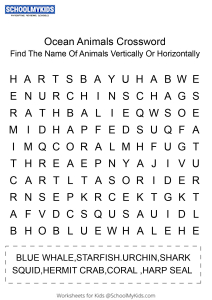 Ocean Animals Crossword Puzzle Worksheets for Kindergarten,First Grade -  Puzzles Worksheets 