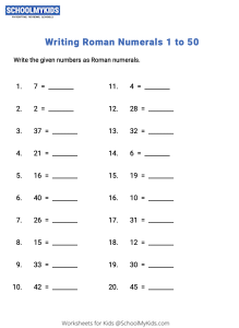 Writing Roman Numerals 1 to 100 Worksheets for Third,Fourth Grade