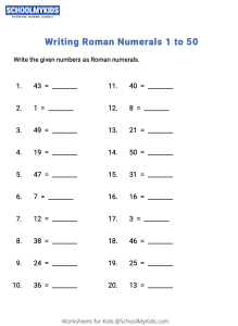 Writing numbers as Roman numerals Upto 100 Worksheets for Third,Fourth