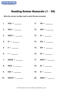 Reading Roman Numerals (1 - 50) Worksheets for Third,Second Grade