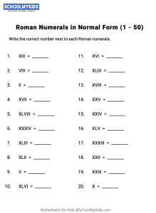 Roman Numerals in Normal Form (1 - 50) Worksheets for Third,Second