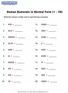 Roman Numerals in Normal Form (1 - 50)