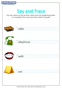 Say and Trace: Letter T Beginning Sound Words