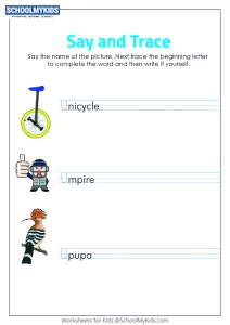 Say and Trace: Letter U Beginning Sound Words