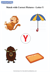 Letter Y Sound Word Pictures Matching Letters To Pictures Worksheets For Preschool Kindergarten First Grade English Worksheets Schoolmykids Com