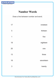 Number Word Match 1 to 20 Worksheets for Kindergarten Grade - Math