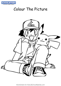 Pokemon Ash sitting with Pikachu - Pokemon Coloring Pages