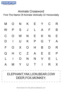 Animal Names Crossword Puzzle Worksheets for Kindergarten,First Grade -  Science Worksheets 