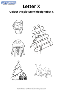 Color the pictures that begin with the letter X