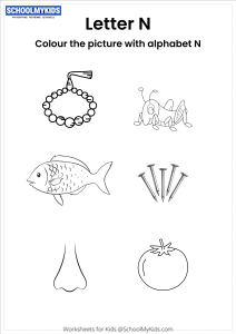 Color the pictures that begin with the letter N