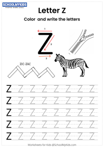 Color and Write the Letter Z worksheet for Preschool,Kindergarten,First